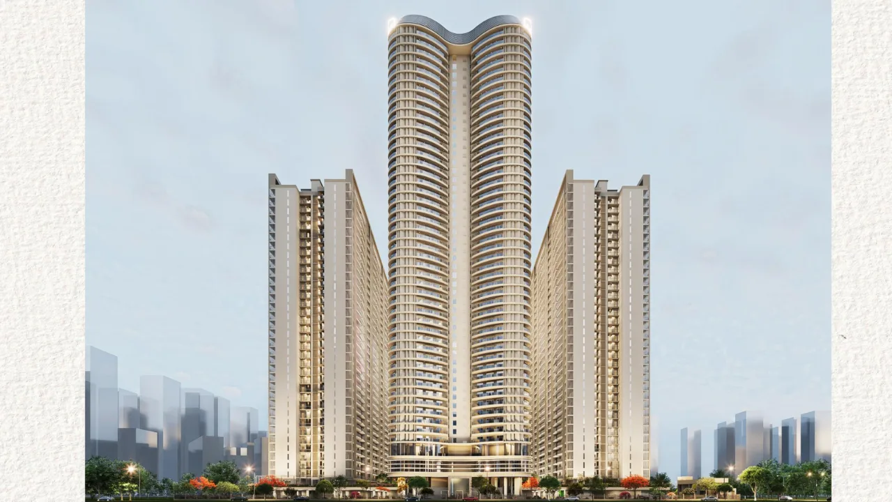 Aspire Centurian Park: Front Elevation with Iconic Tower | Gaurs Luxury Apartments, Greater Noida West (Techzone 4) Front elevation architectural rendering of Aspire Centurian Park by Gaurs, showcasing the central Iconic Tower and adjacent residential buildings. Luxury apartments in Techzone 4, Greater Noida West.